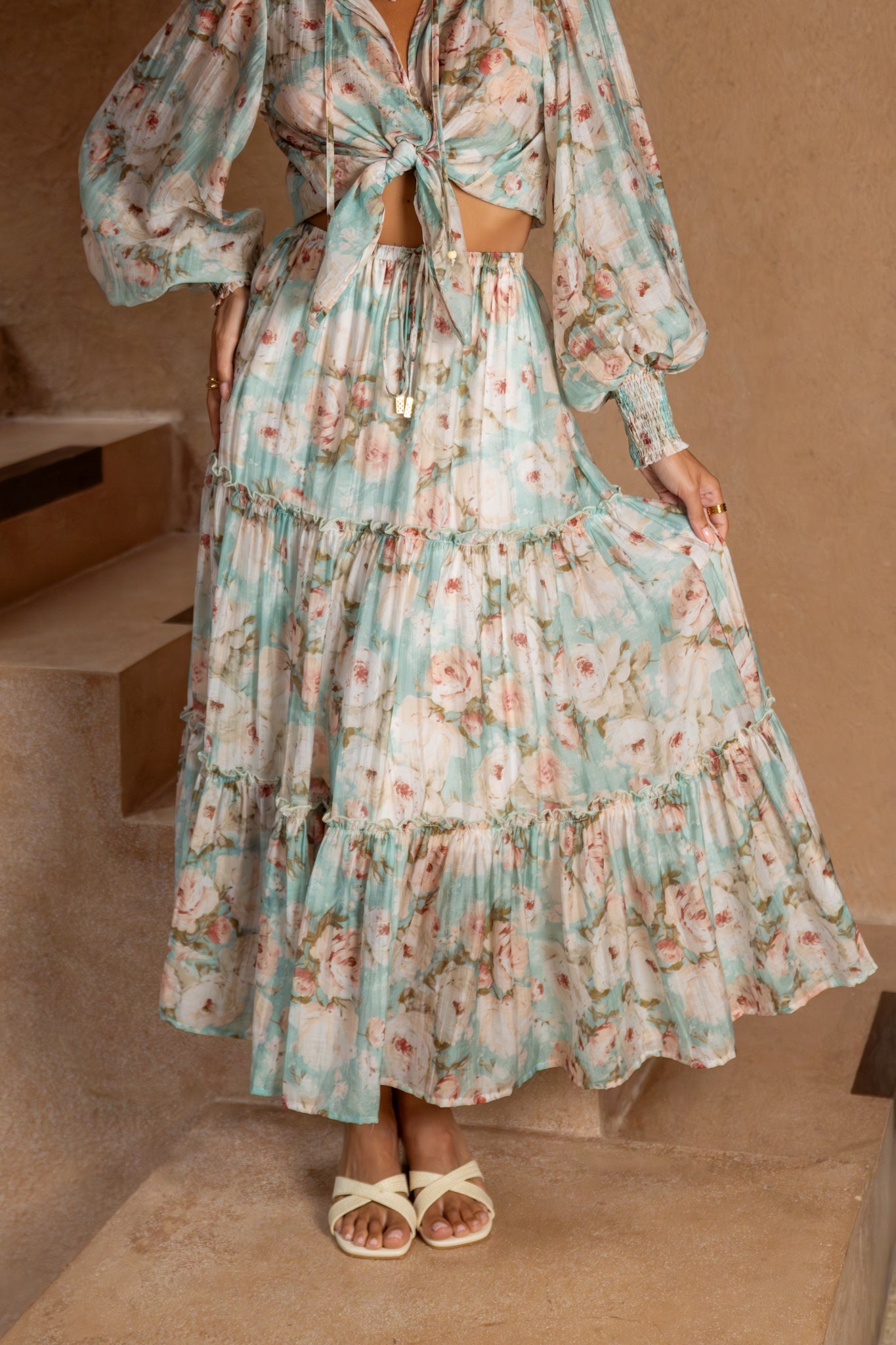 Heychic Rosalind Teal Pink Floral Maxi Skirt (Blue)
