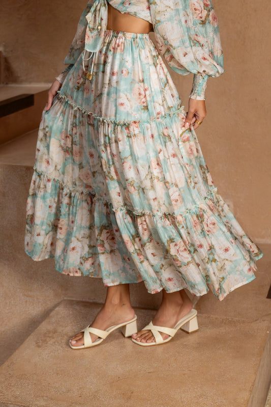 Heychic Rosalind Blue Pink Floral Maxi Skirt (Teal)