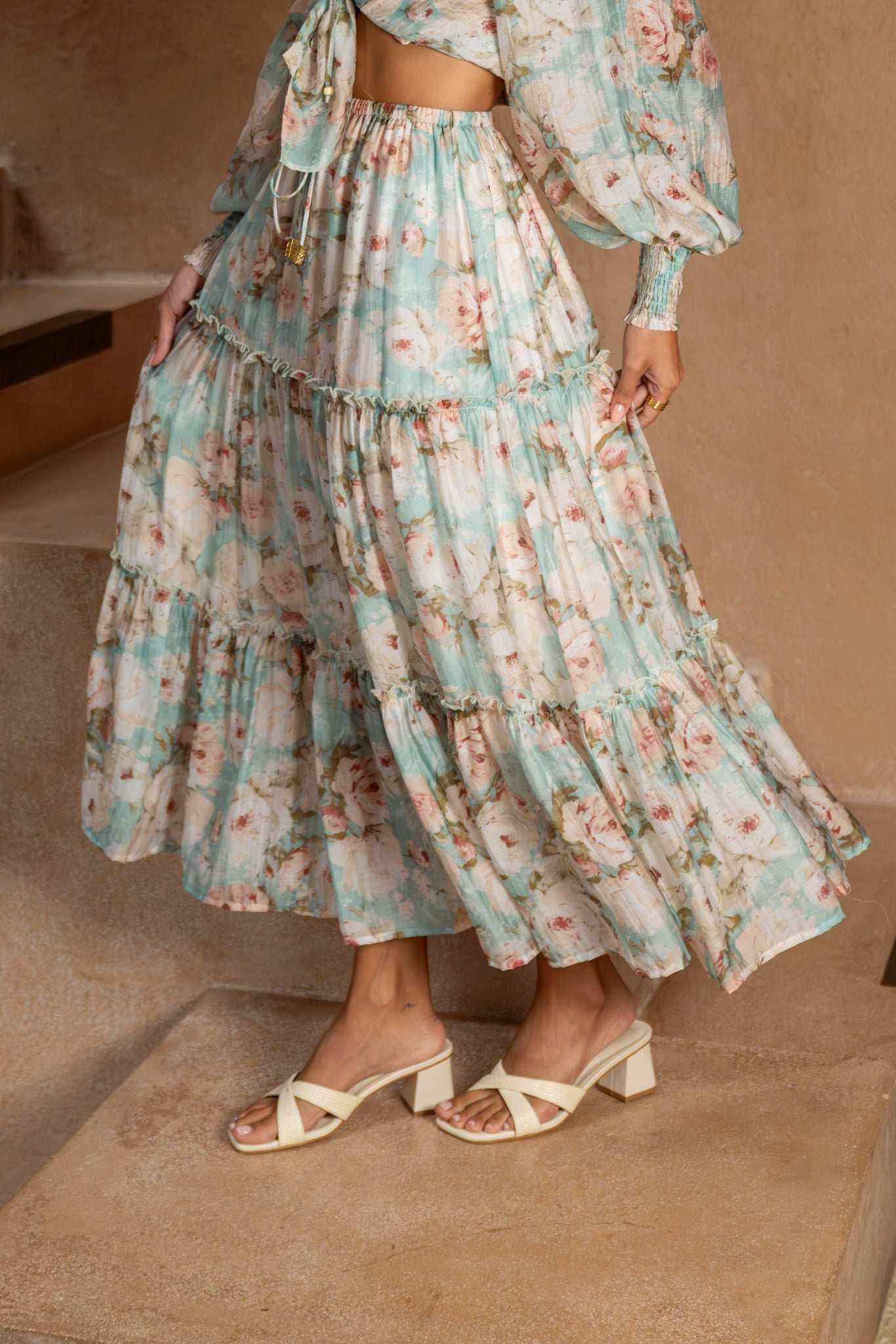 Heychic Rosalind Teal Pink Floral Maxi Skirt (Blue)