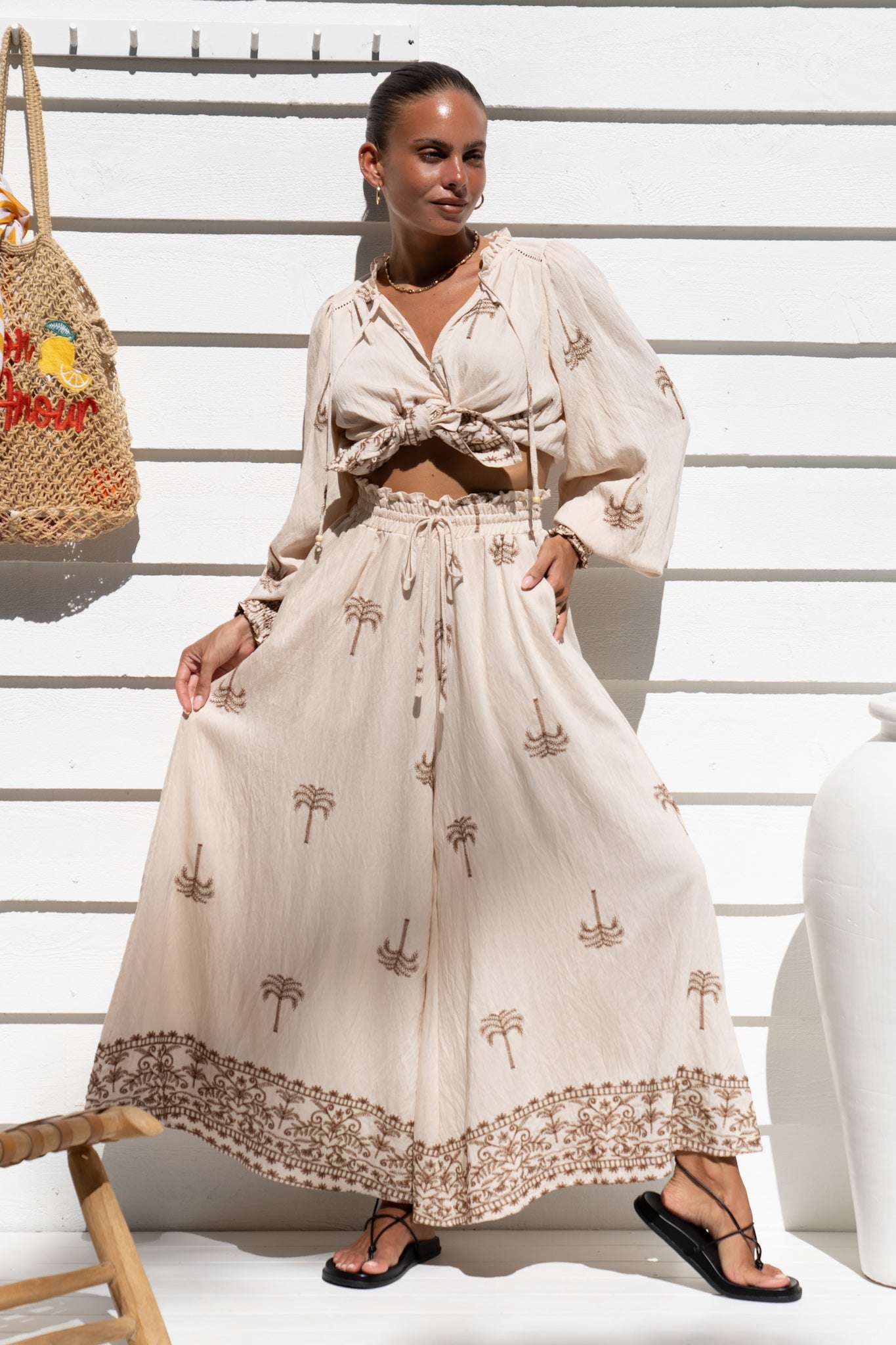Heychic Kaena Tropical Embroidered Wide Leg Cropped Pants (Brown)