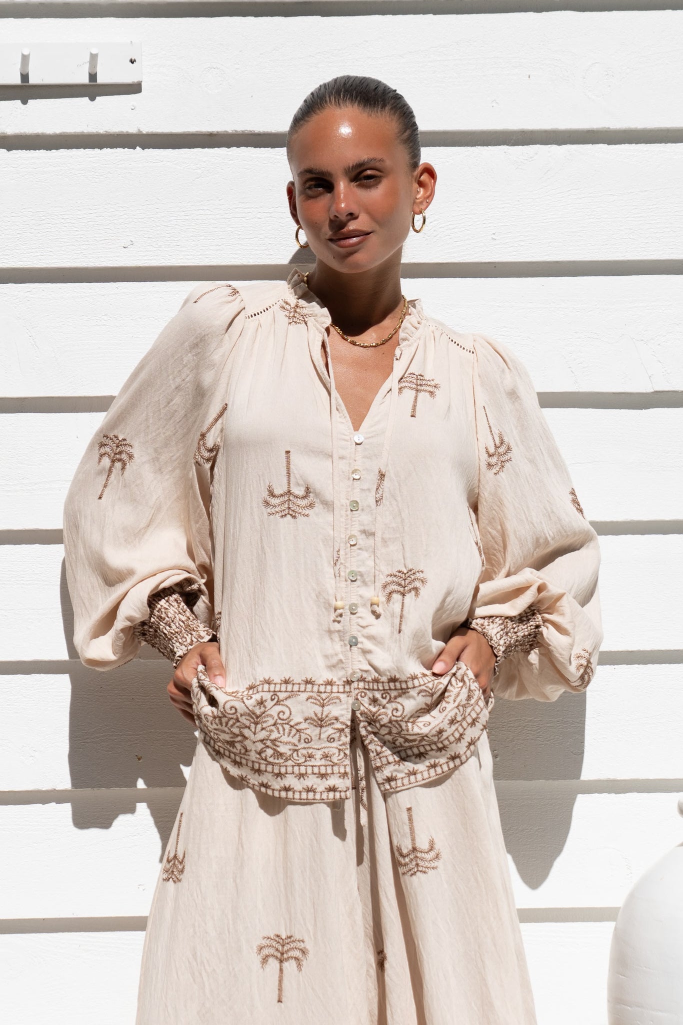 Heychic Kaena Tropical Embroidered Balloon Sleeve Blouse (Brown)