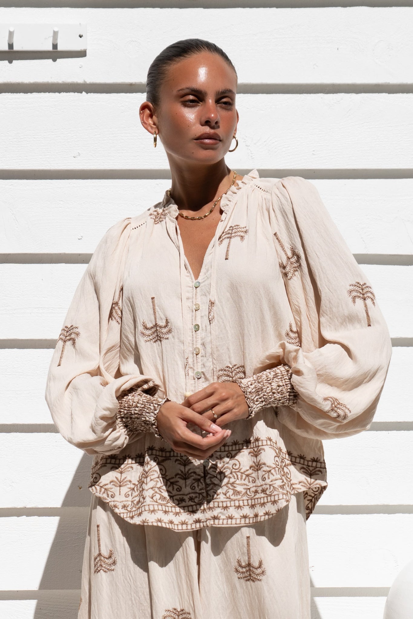 Heychic Kaena Tropical Embroidered Balloon Sleeve Blouse (Brown)