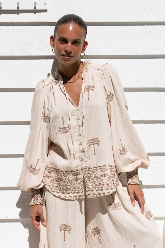 Image of Blouses. Productname: Kaena Brown Tropical Embroidered Balloon Sleeve Blouse in Brown colour by brand - Heychic