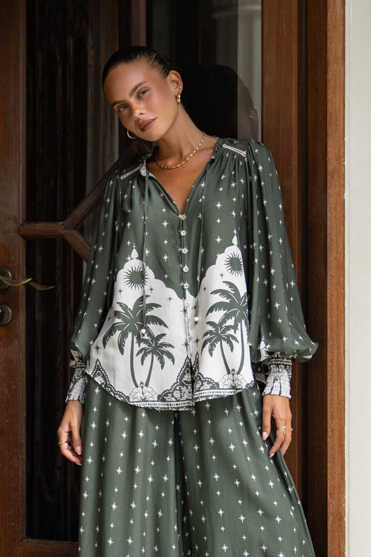 Image of a model wearing Tops. Productname: Heychic Arletta Green Tropical Balloon Sleeve Blouse in Green colour by brand - Heychic