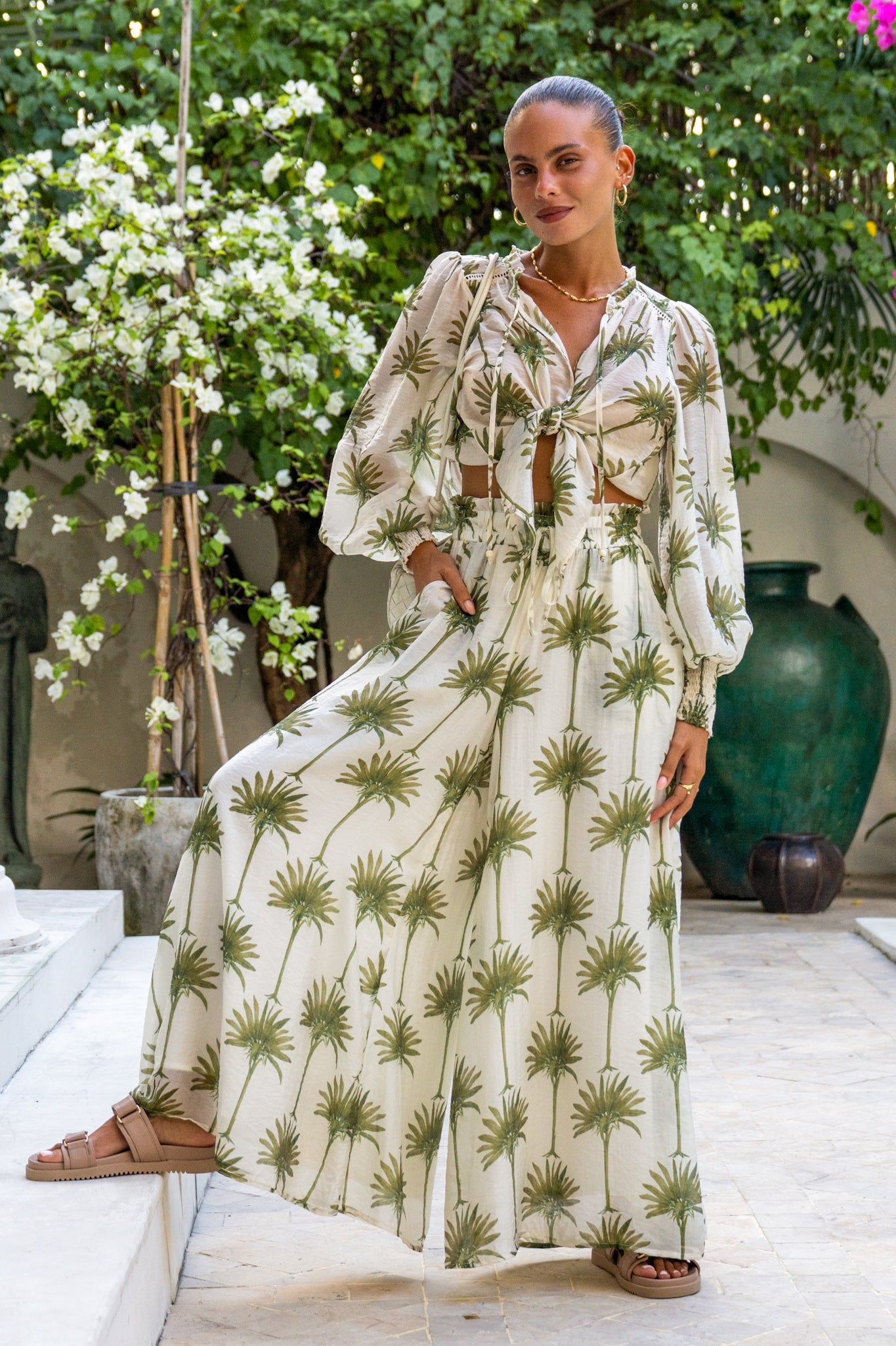 Heychic Palm Tropical Wide Leg Pants (Green)