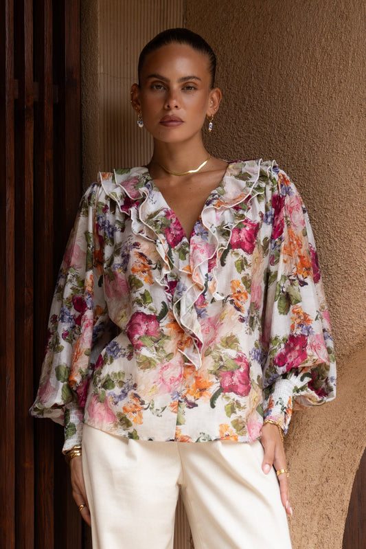 Heychic Alba Pink Ruffle Long Sleeve Blouse (Floral)