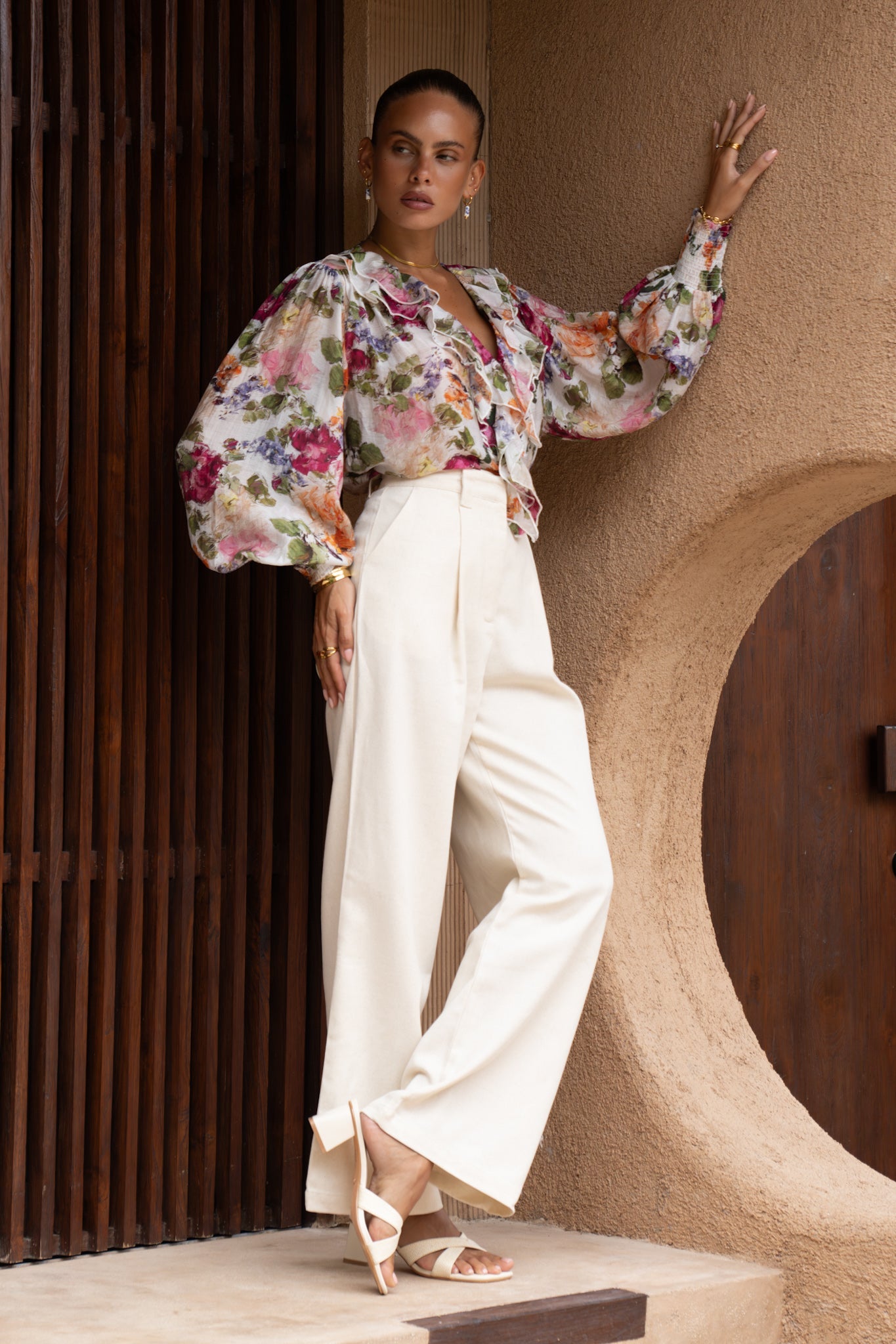 Heychic Alba Pink Ruffle Long Sleeve Blouse (Floral)