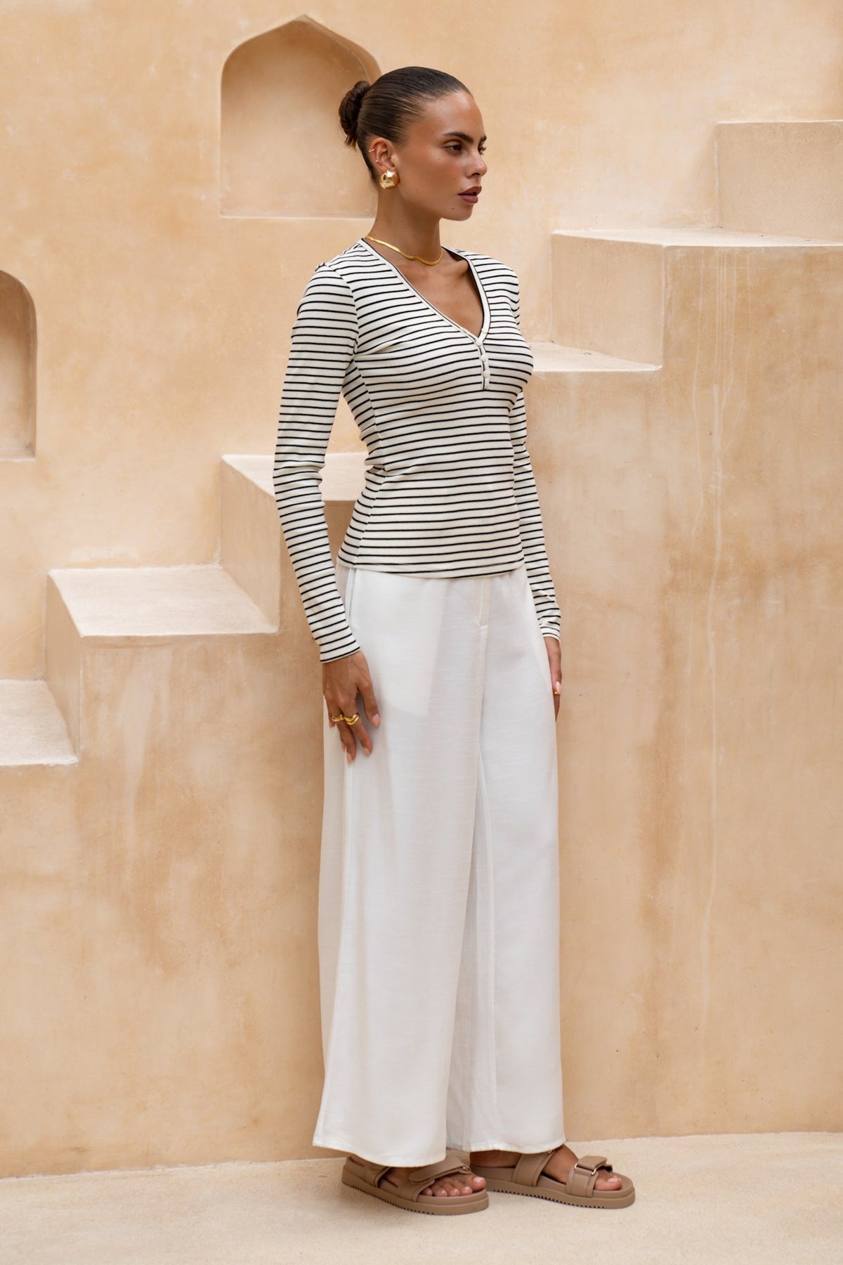 Heychic Blaise Cream Stripe Ribbed Long Sleeve Top (Black)