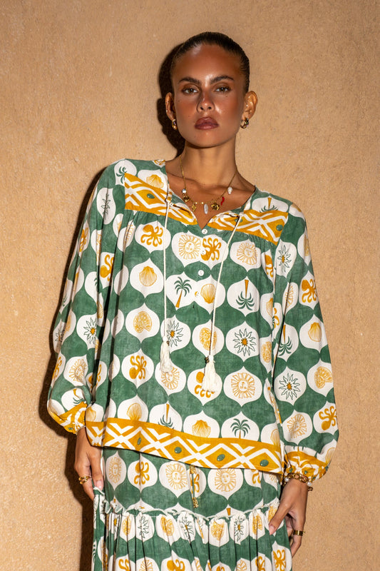 Image of a model wearing Tops. Productname: Heychic Emeris Abstract Blouse in Green colour by brand - Heychic