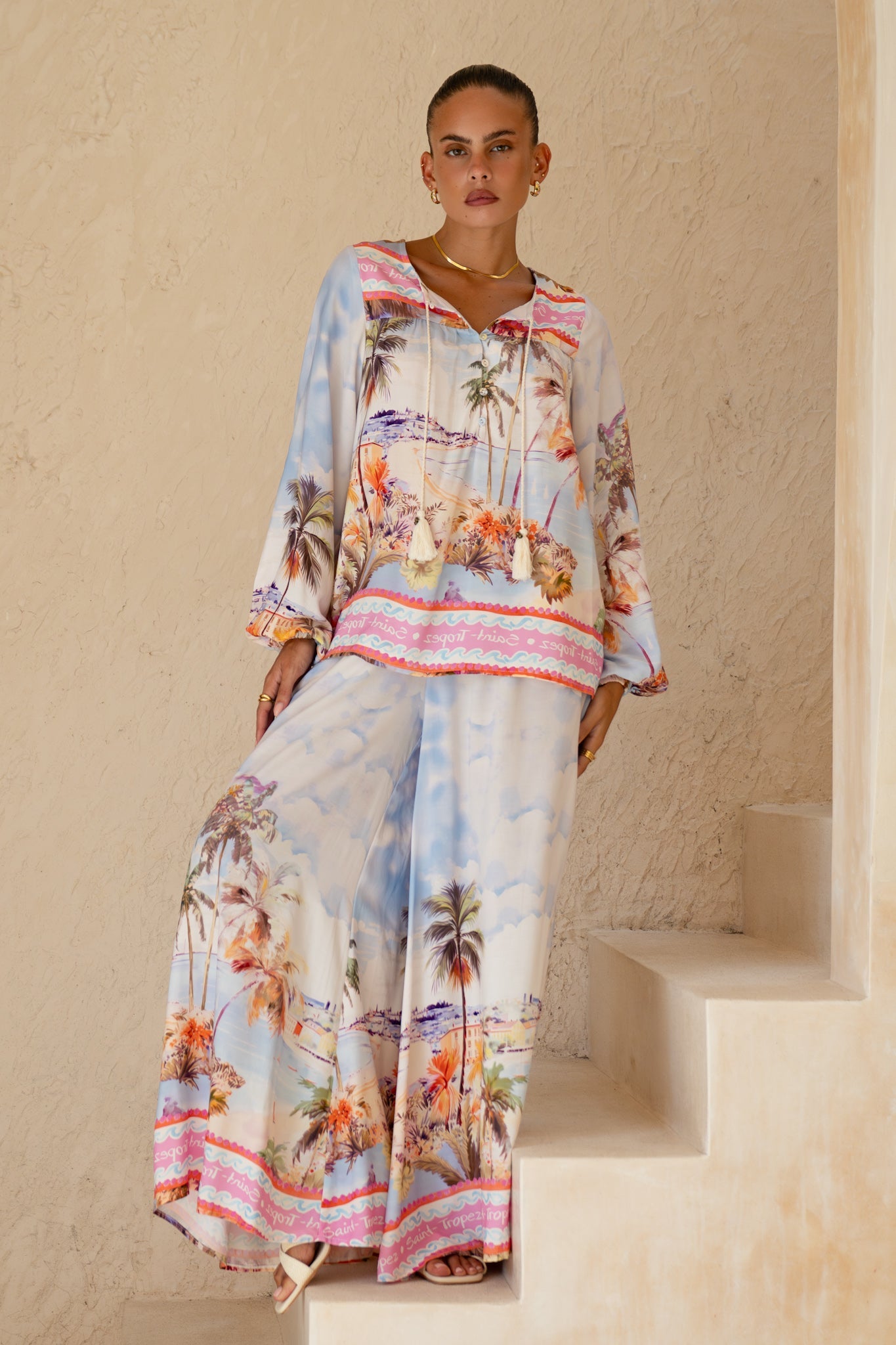 Heychic Saint Tropez Multicolour Tropical Wide Leg Pants (Multi)