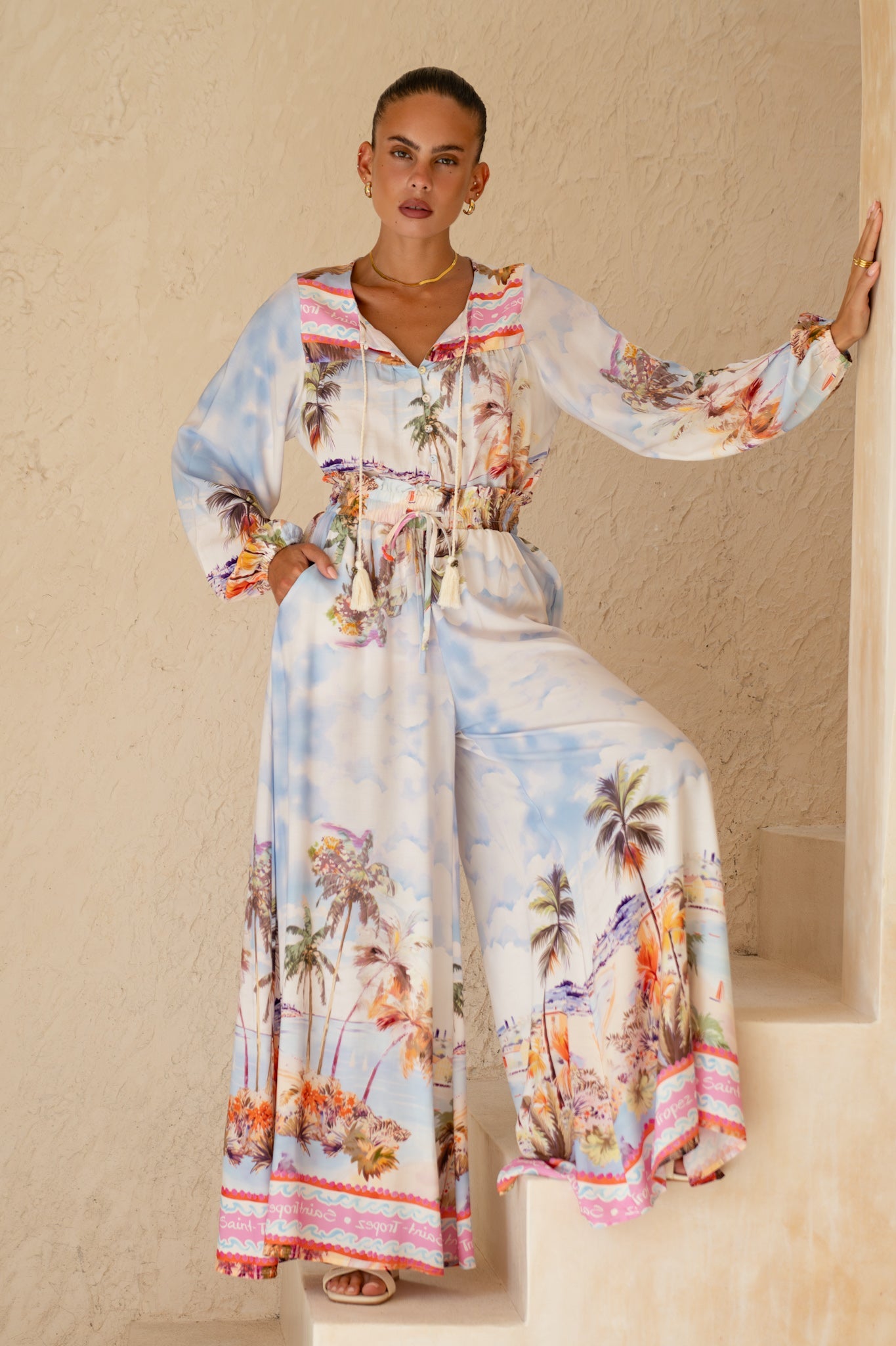 Heychic Saint Tropez Multicolour Tropical Wide Leg Pants (Multi)