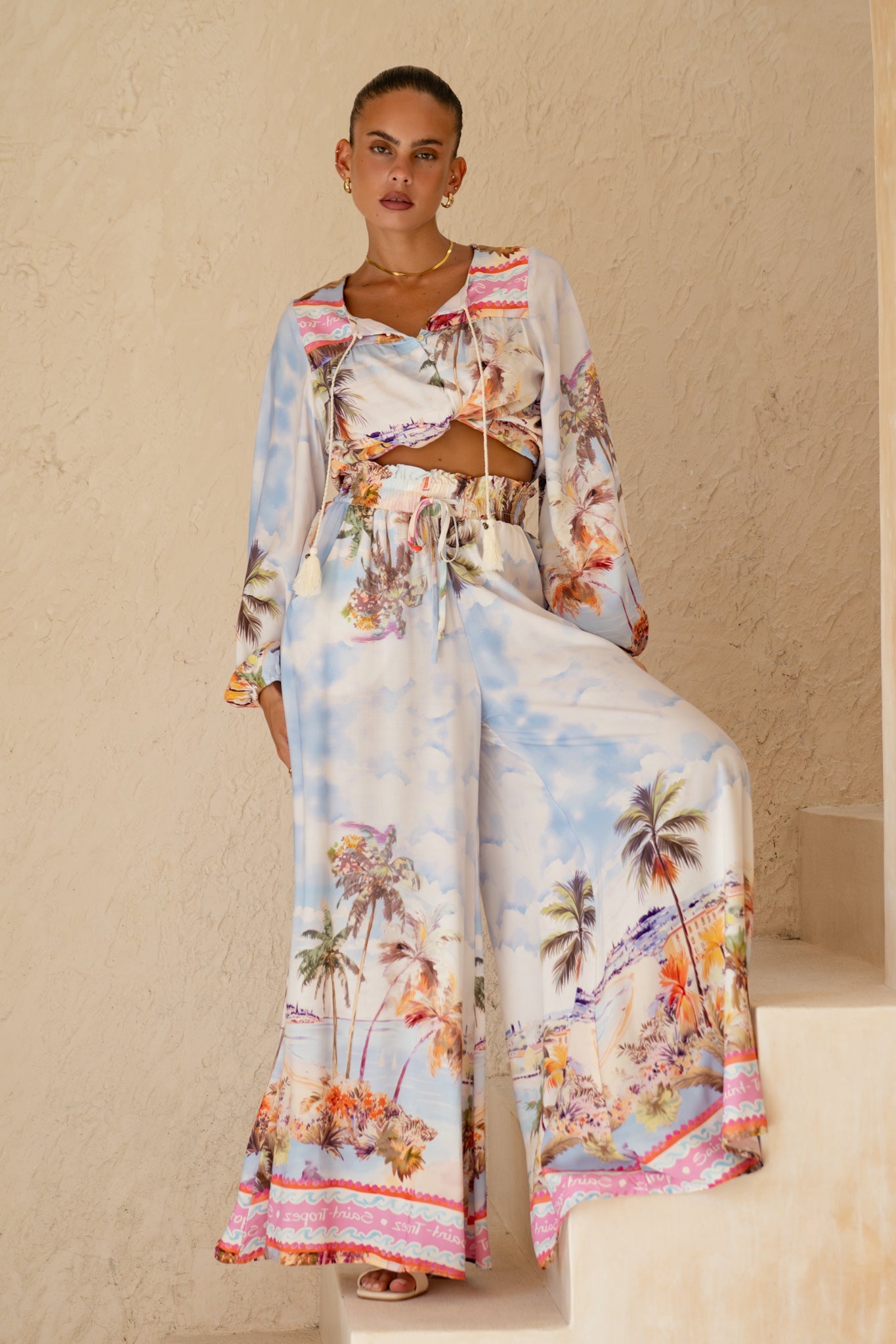 Image of a model wearing Shorts. Productname: Heychic Saint Tropez Multicolour Tropical Wide Leg Pants in Multi colour by brand - Heychic