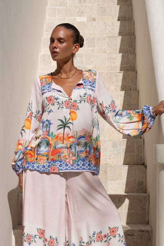 Image of a model wearing Tops. Productname: Heychic Zoraida Multicolour Tropical Blouse in Multi colour by brand - Heychic