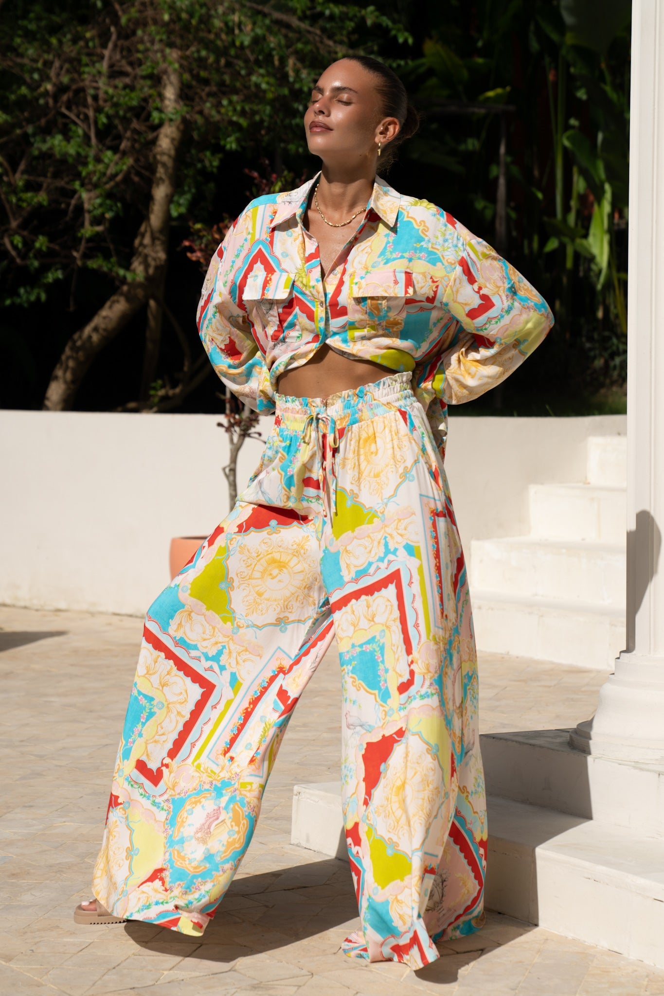 Image of a model wearing Shorts. Productname: Heychic Anicetta Multicolour Patchwork Wide Leg Pants in Multi colour by brand - Heychic