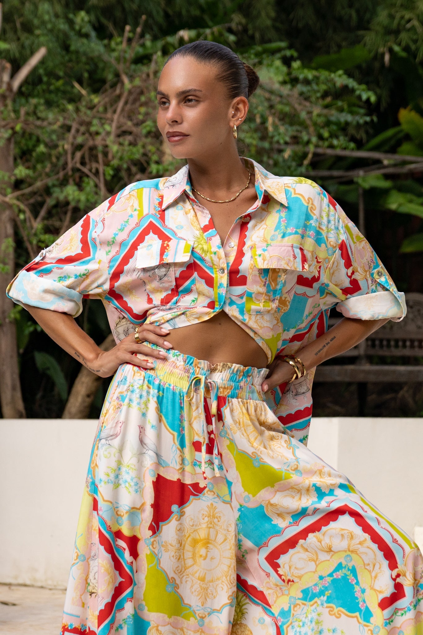 Image of a model wearing Tops. Productname: Heychic Anicetta Multicolour Patchwork Long Sleeve Shirt in Multi colour by brand - Heychic