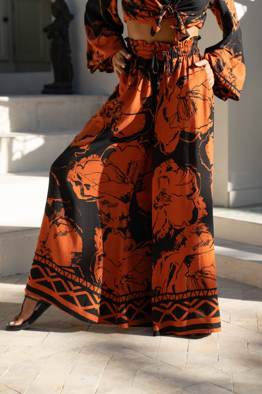 Heychic Rinata Floral Wide Leg Pants (Brown)