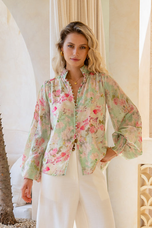 Image of Blouses. Product name - Sheila Green Pink Floral Balloon Sleeve Blouse in Floral colour by brand - Heychic