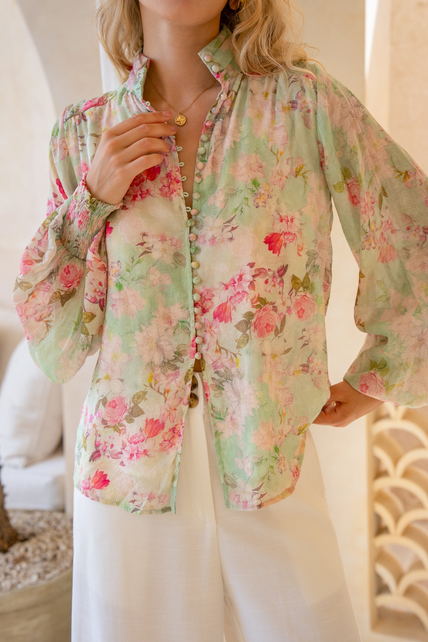 Heychic Sheila Green Pink Balloon Sleeve Blouse (Floral)