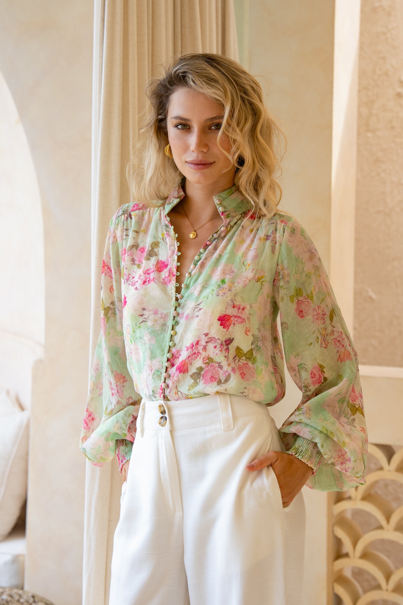 Heychic Sheila Green Pink Balloon Sleeve Blouse (Floral)