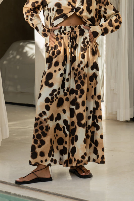 Heychic Zelina Leopard Spot Wide Leg Cropped Pants (Brown)