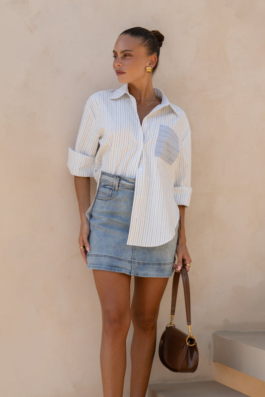 Heychic Erika Stripe Contrast Pocket Shirt (Blue)