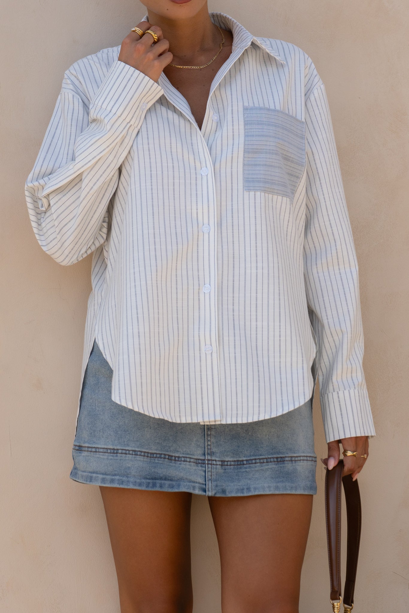 Heychic Erika Stripe Contrast Pocket Shirt (Blue)