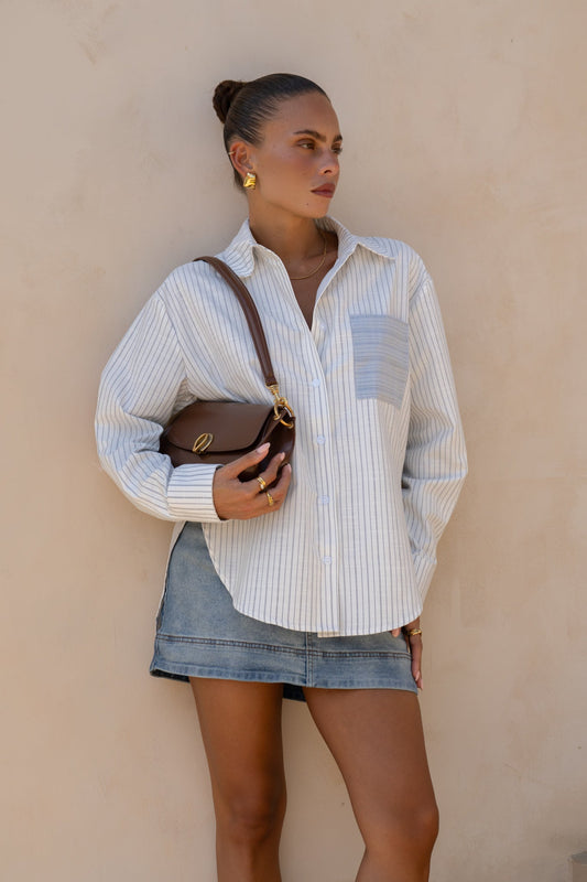 Image of a model wearing Tops. Productname: Heychic Erika Blue Stripe Contrast Pocket Shirt in Blue colour by brand - Heychic