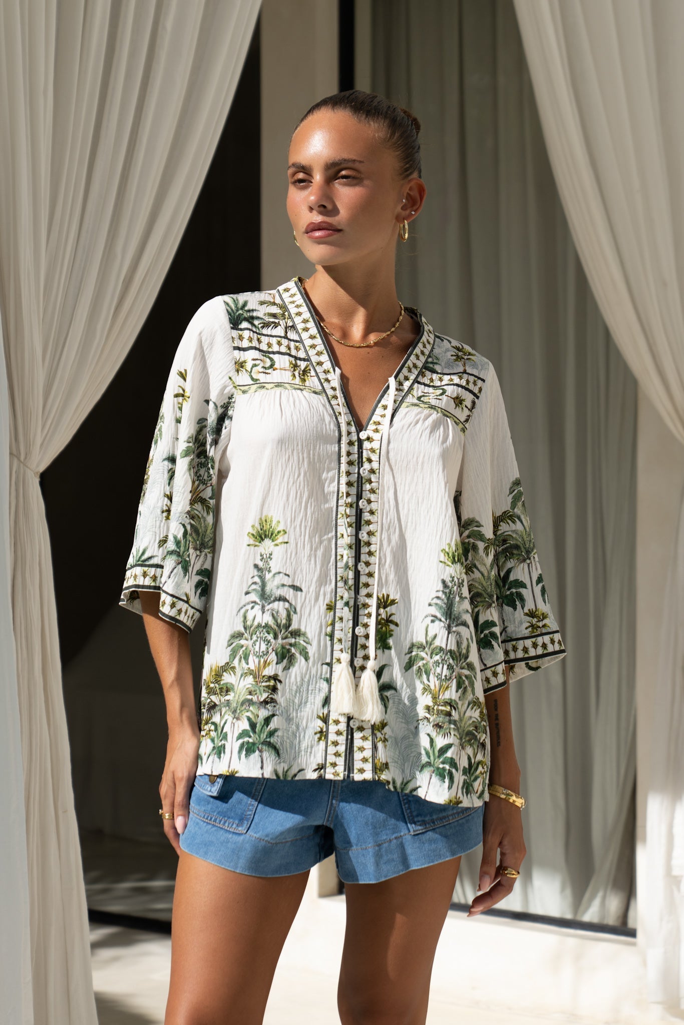 Image of a model wearing Tops. Productname: Heychic Sabina Green Tropical Shirt in Green colour by brand - Heychic