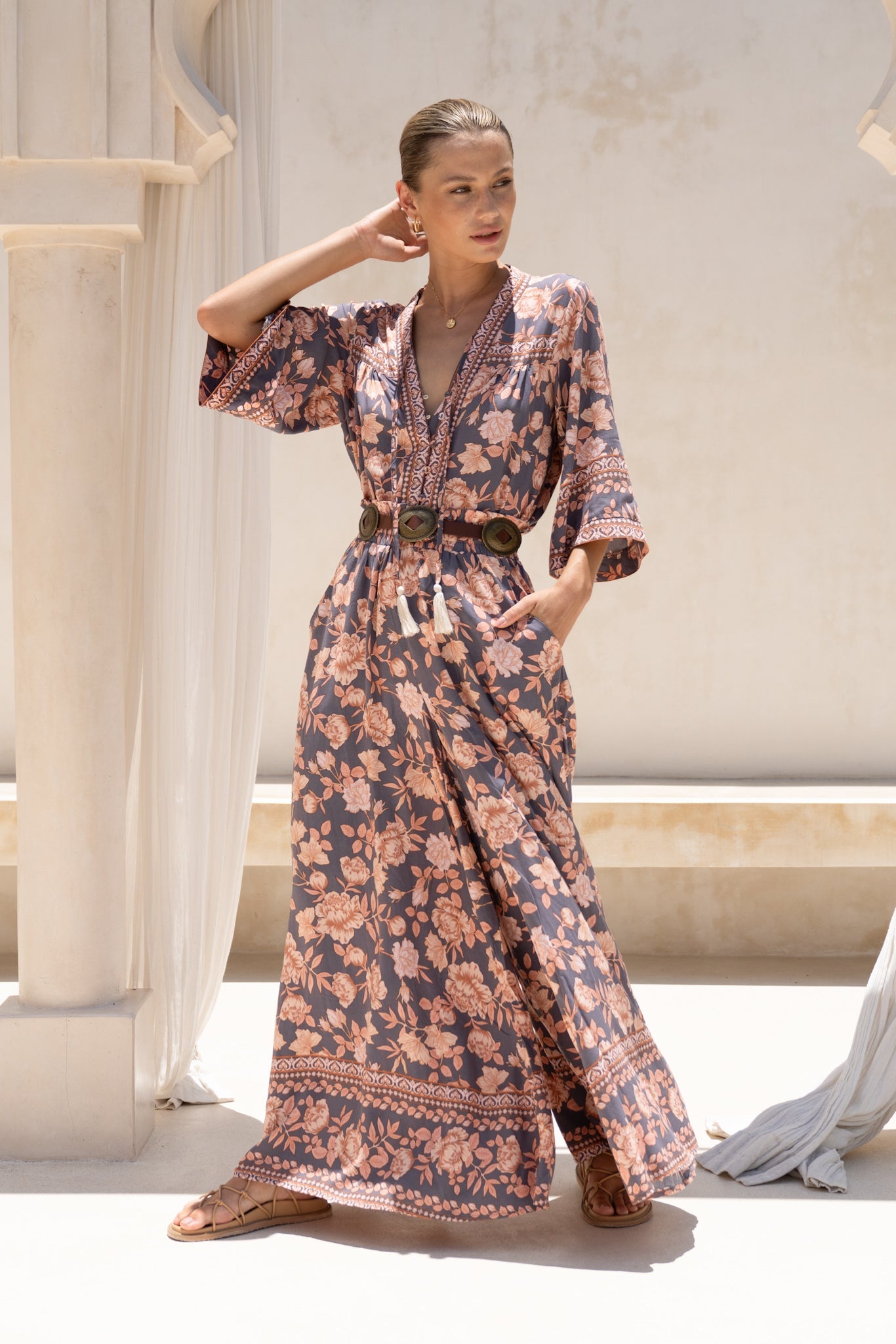 HEYCHIC Amarante Peach Floral Boho Wide Leg Pants (Navy)