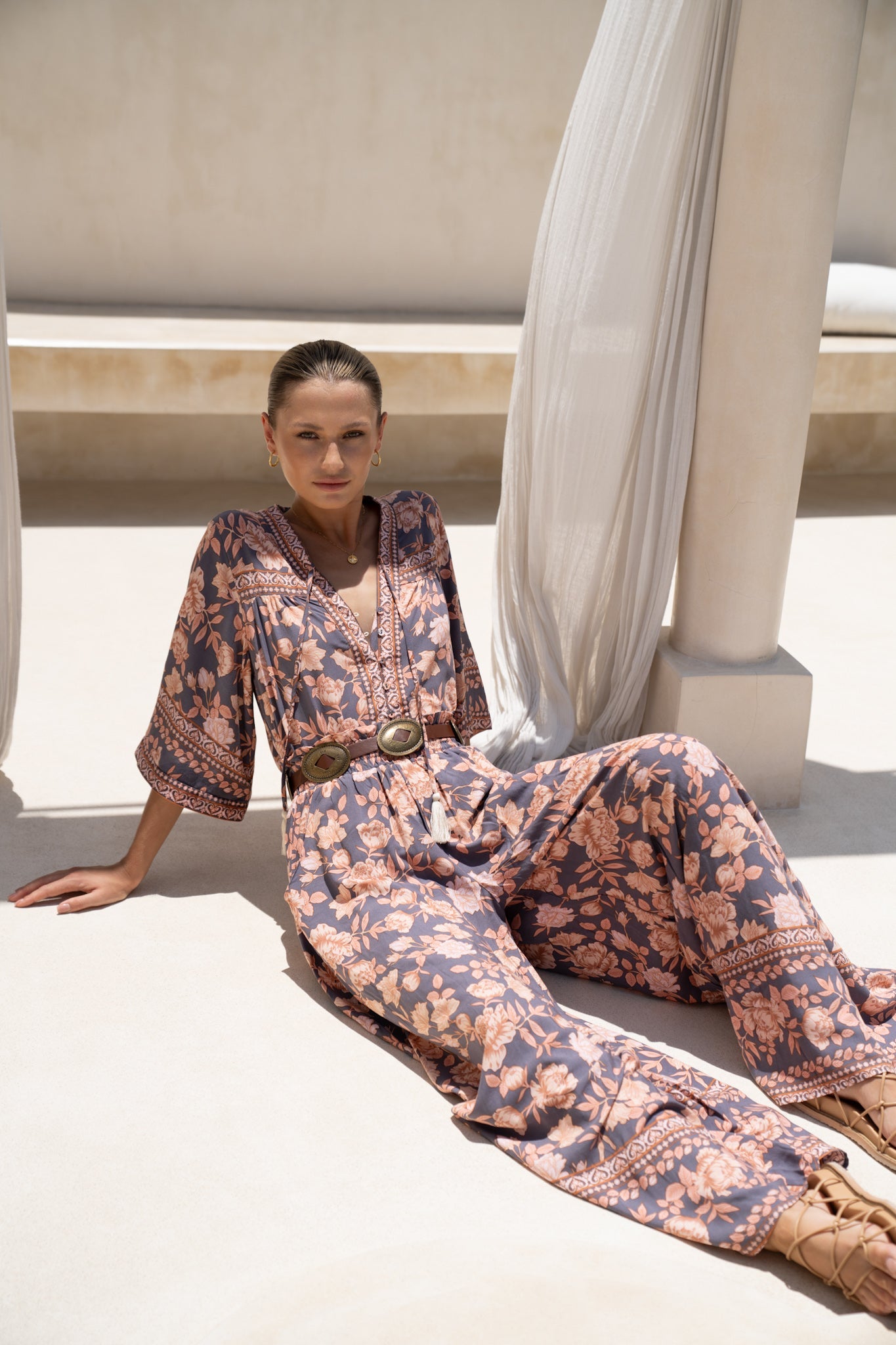 HEYCHIC Amarante Peach Floral Boho Wide Leg Pants (Navy)