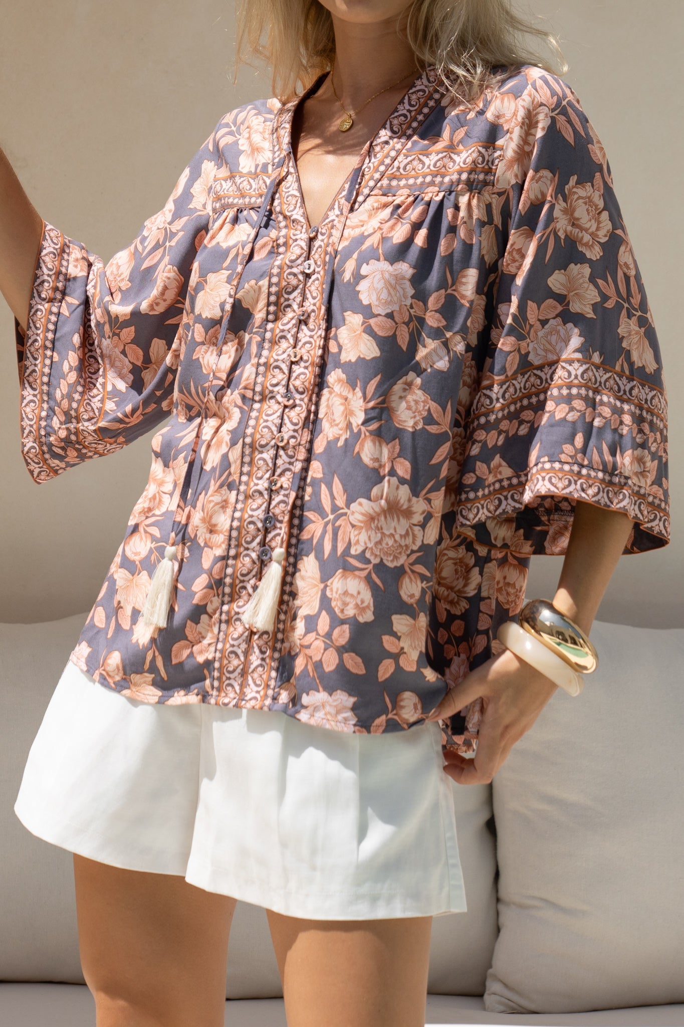 HEYCHIC Amarante Peach Floral Boho Shirt (Navy)