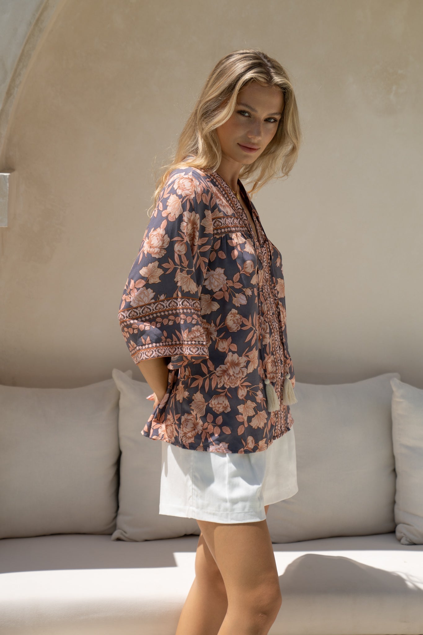 HEYCHIC Amarante Peach Floral Boho Shirt (Navy)