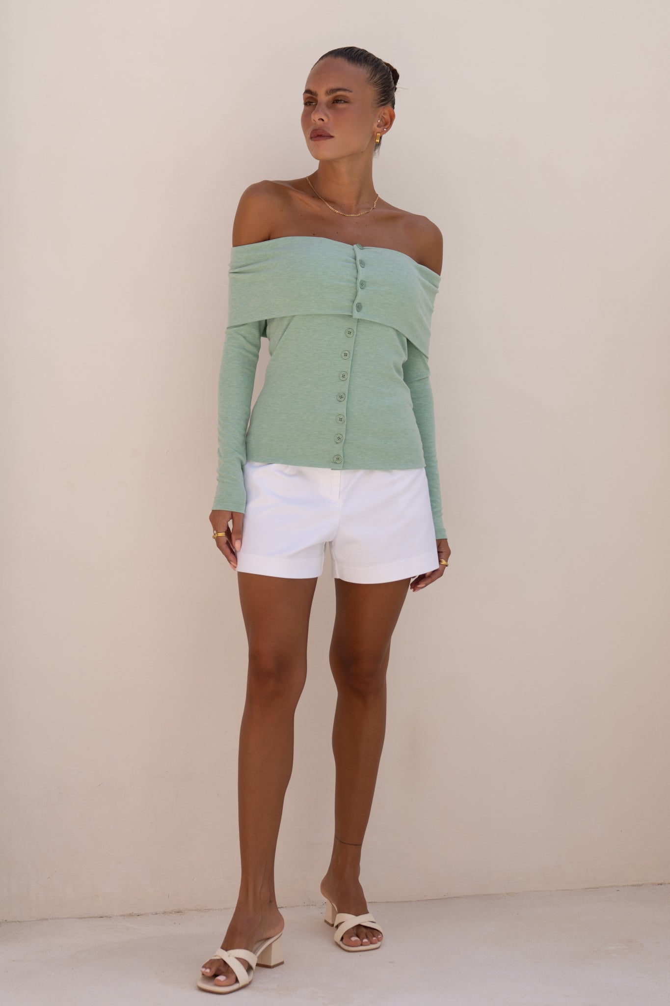 Heychic Arima Off Shoulder Long Sleeve Top (Green)