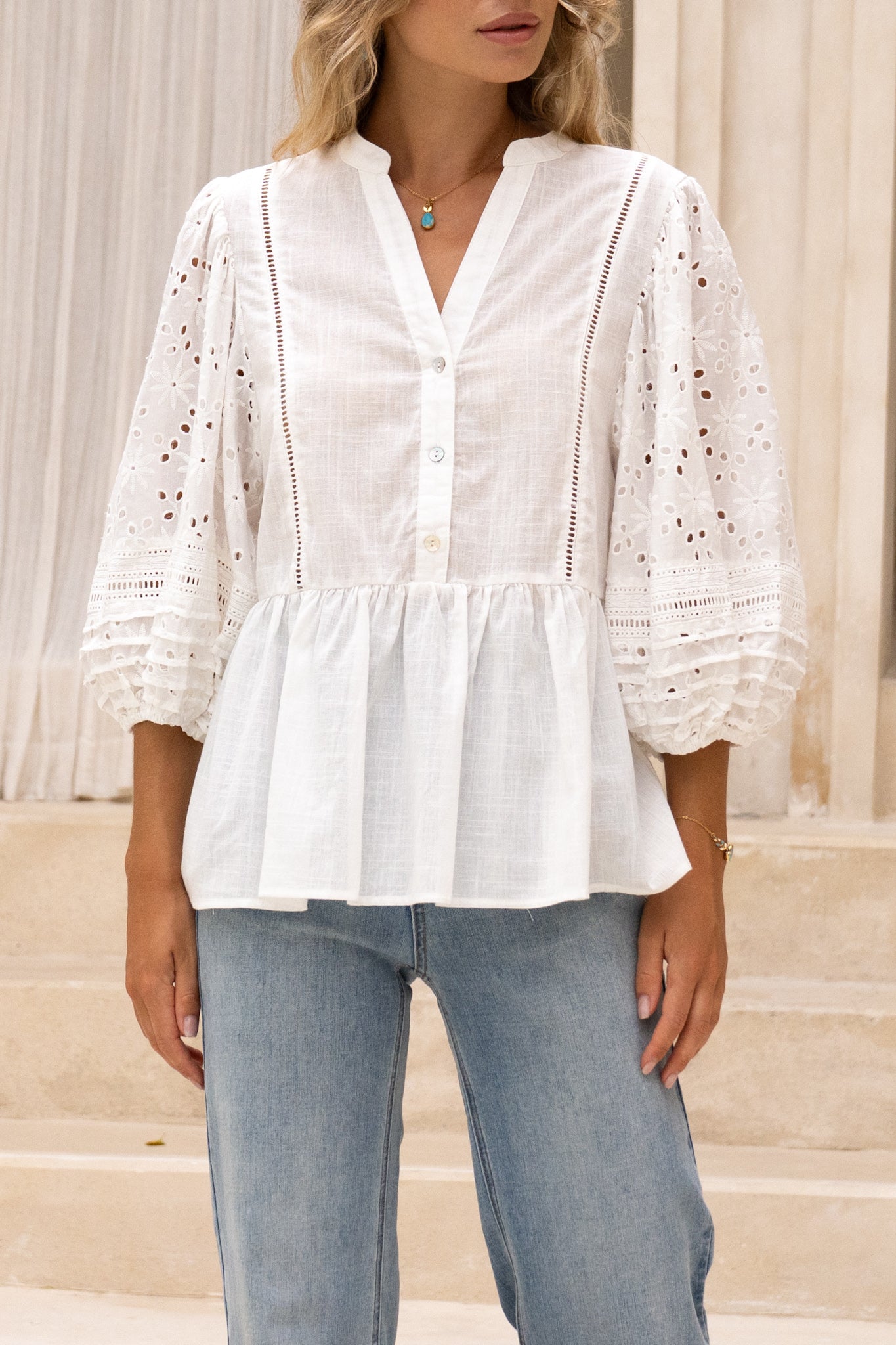 HEYCHIC Birdie Eyelet Lace Detail Blouse (White)