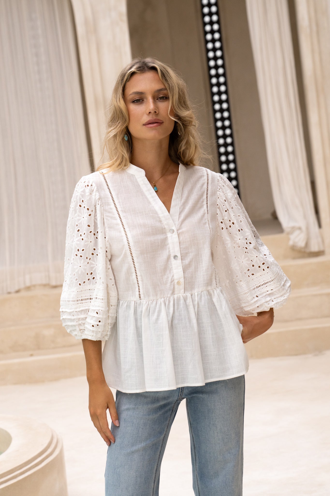 HEYCHIC Birdie Eyelet Lace Detail Blouse (White)