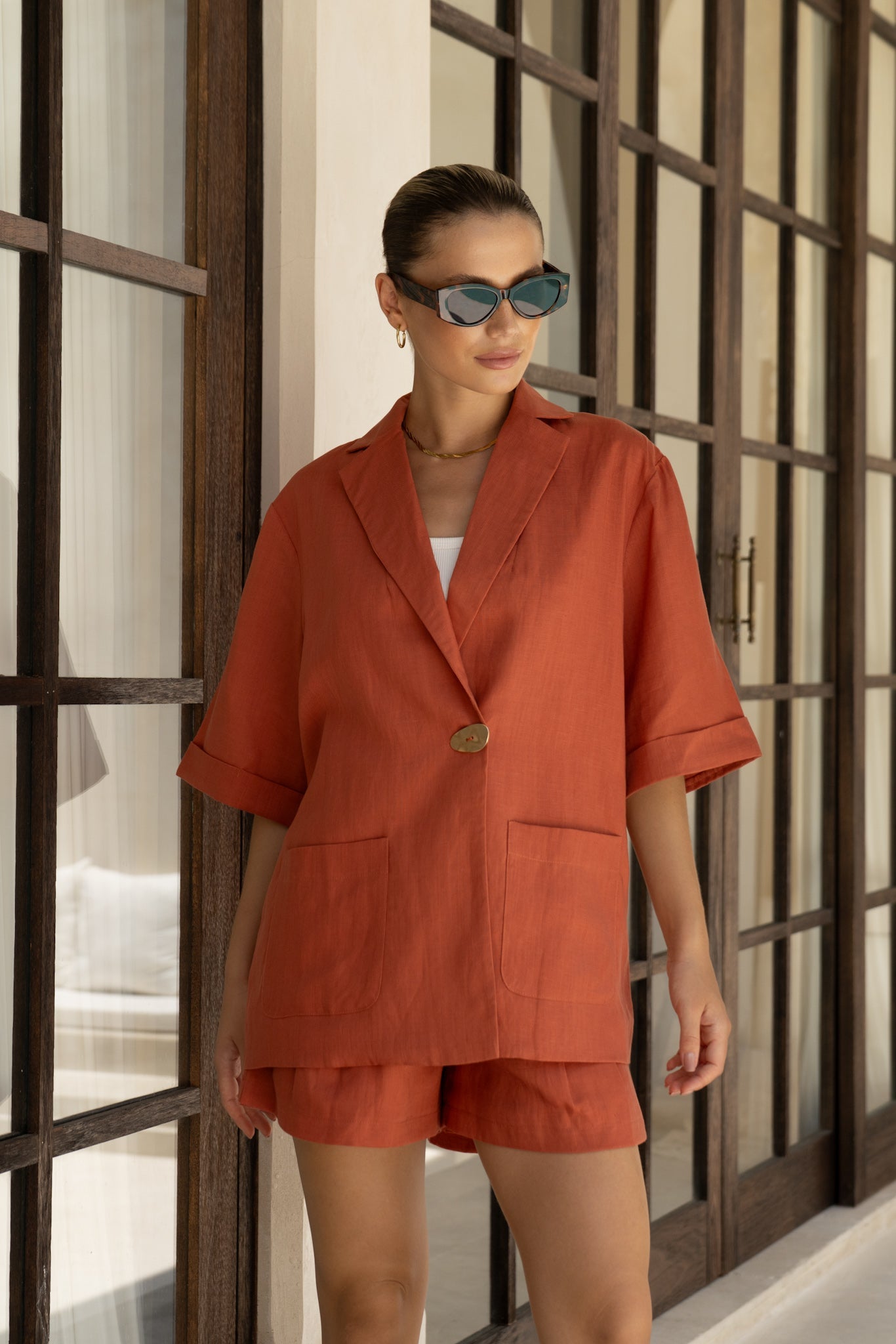 HEYCHIC Sora Terracotta Notch Collar Shirt (Red)