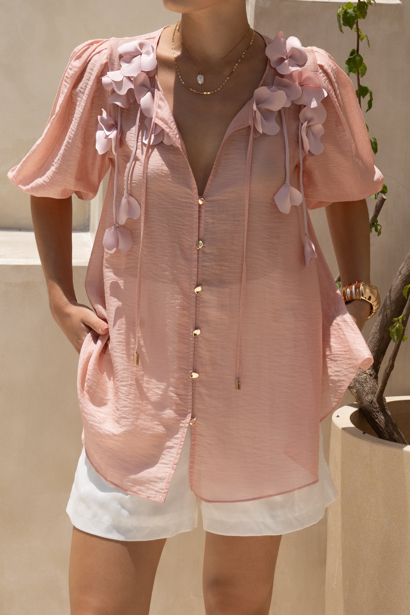 HEYCHIC Bloom Floral Appliqué Blouse (Pink)