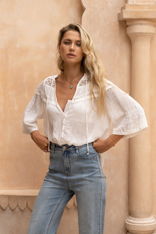 Image of a model wearing Tops. Productname: HEYCHIC Jeane Off-White Lace Detail Blouse in White colour by brand - HEYCHIC