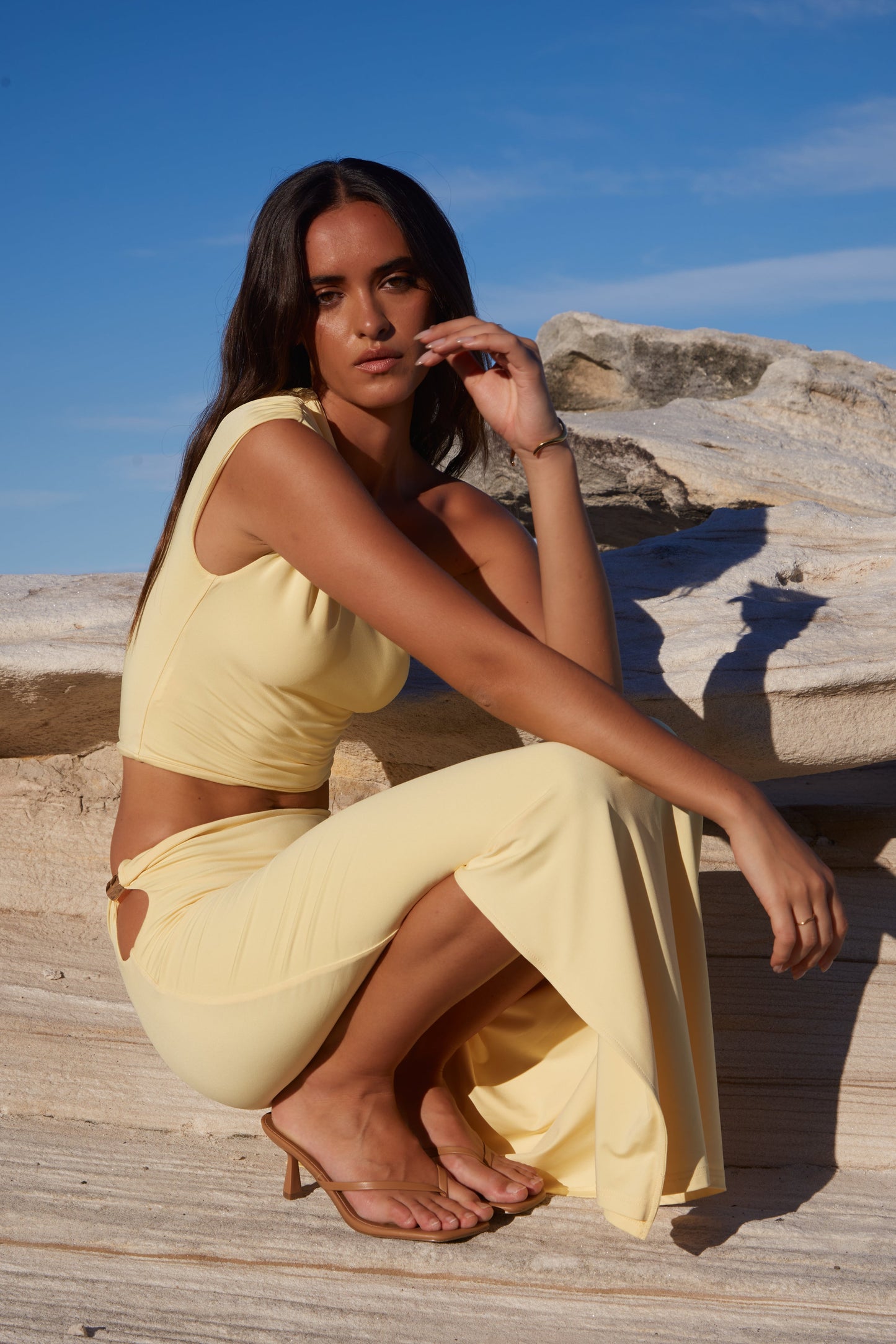 Image of a model wearing Skirts. Productname: SNDYS BAYLEE MAXI SKIRT in Panna Cotta colour by brand - SNDYS