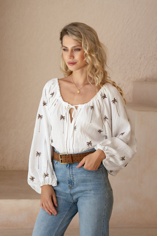 Image of Blouses. Product name - Petite Palms Blouse in Blouse colour by brand - HEYCHIC