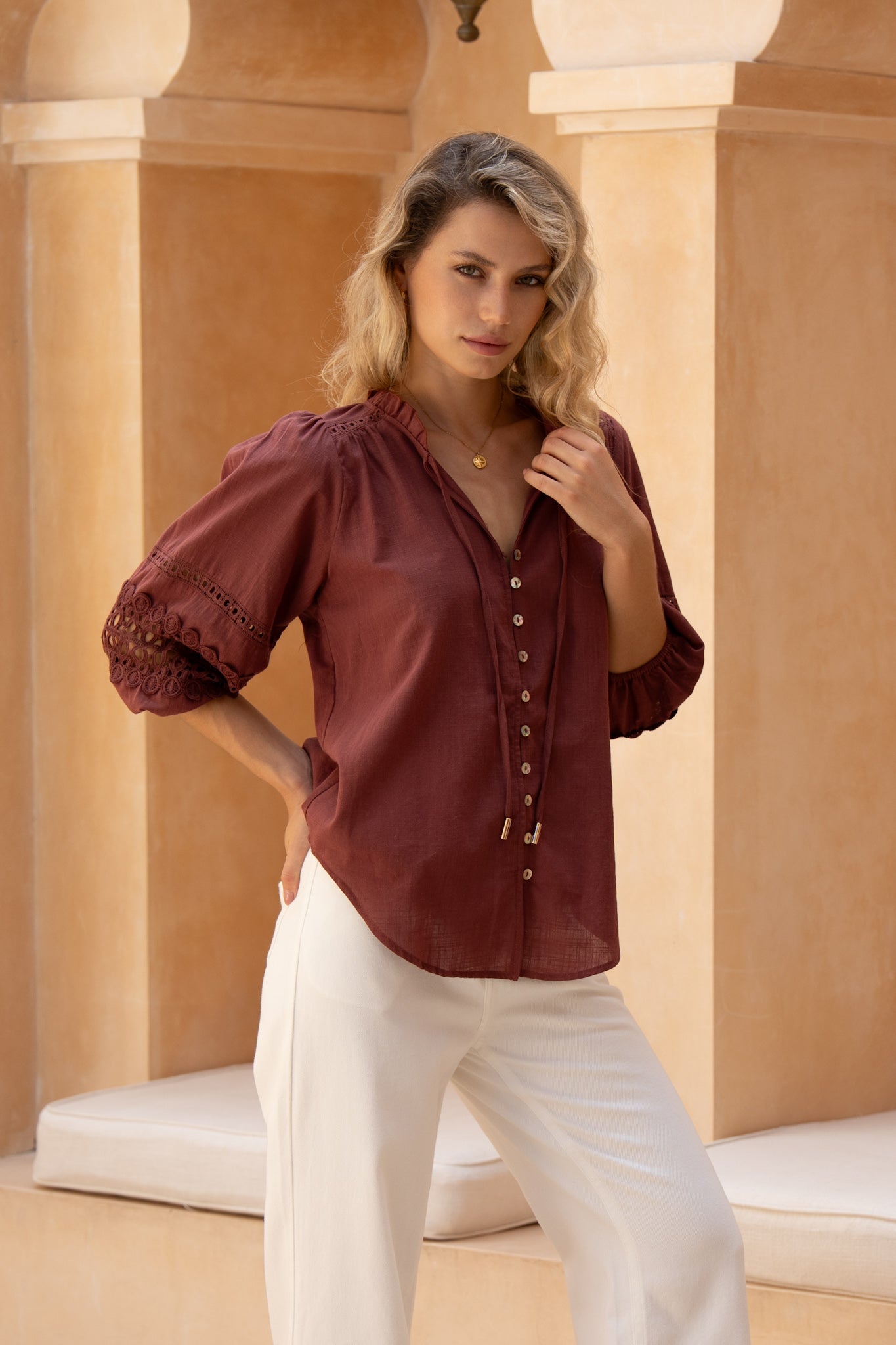 Image of Blouses. Product name - Helina Brown Lace Blouse in Brown colour by brand - HEYCHIC