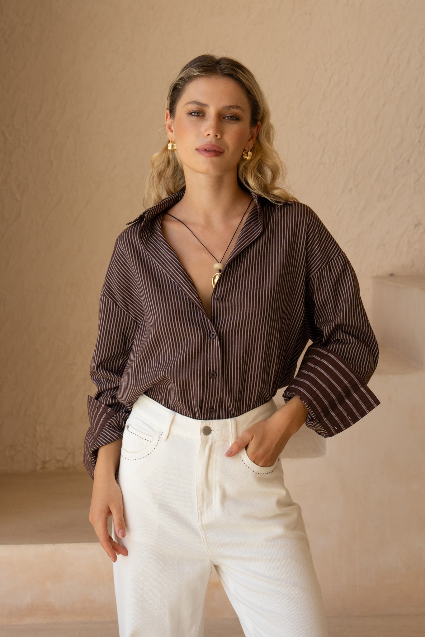 HEYCHIC Rin Stripe Shirt (Brown)