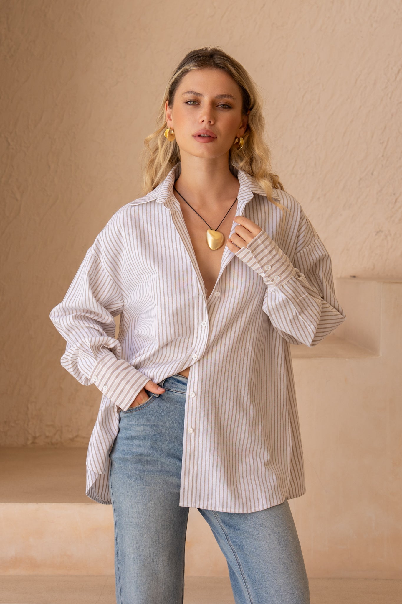 Image of Shirts. Product name - Rin Beige Stripe Shirt in Beige colour by brand - HEYCHIC