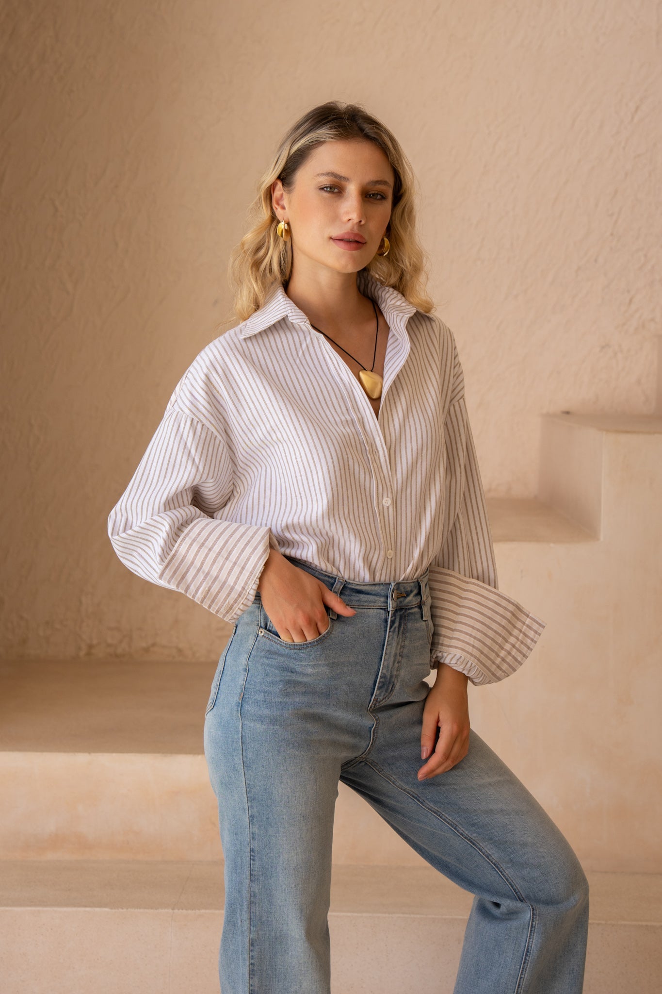 HEYCHIC Rin Stripe Shirt (Beige)