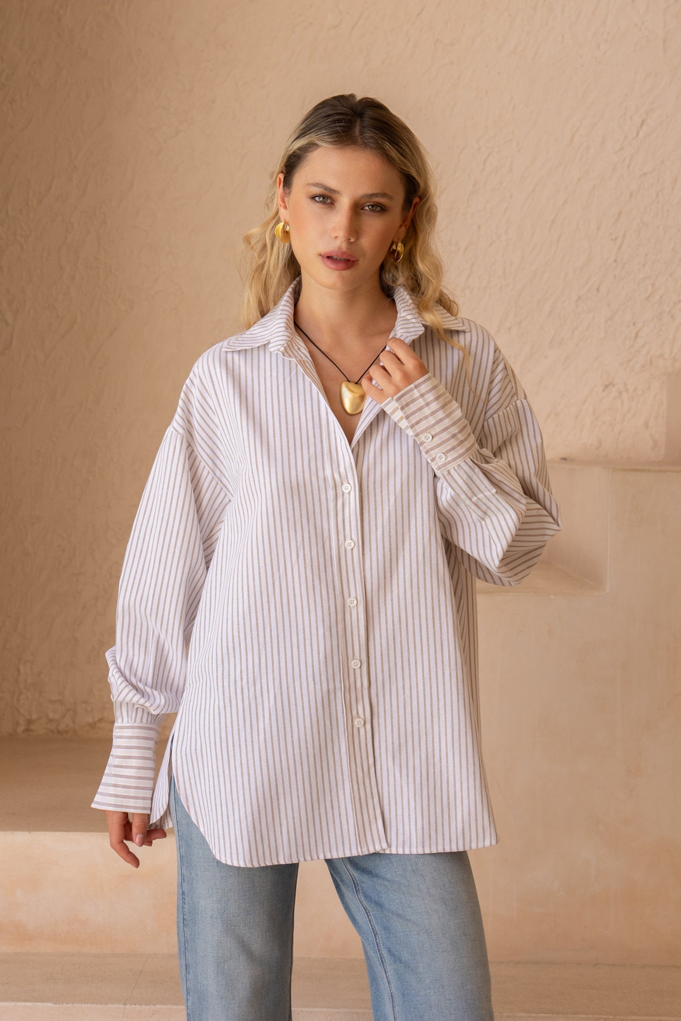 HEYCHIC Rin Stripe Shirt (Beige)