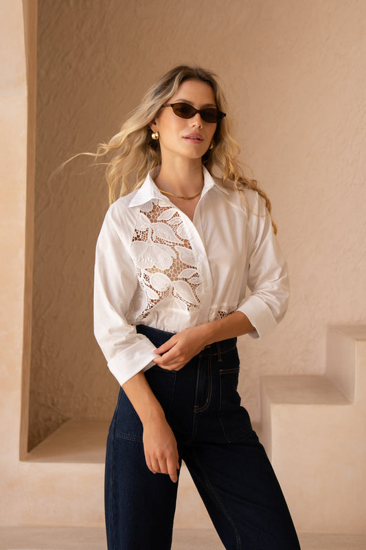 Image of Shirts. Product name - Annabel White Lace Shirt in White colour by brand - HEYCHIC