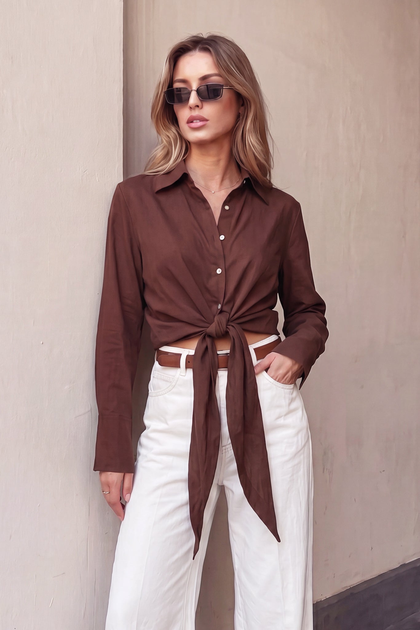 Image of Shirts. Product name - Luma Brown Wrap Shirt in Brown colour by brand - HEYCHIC