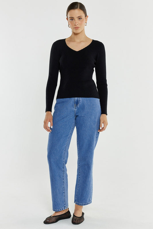 Image of a model wearing Pants. Product name - Kalani Straight Leg Jean in Classic Blue colour by brand - Sass Clothing