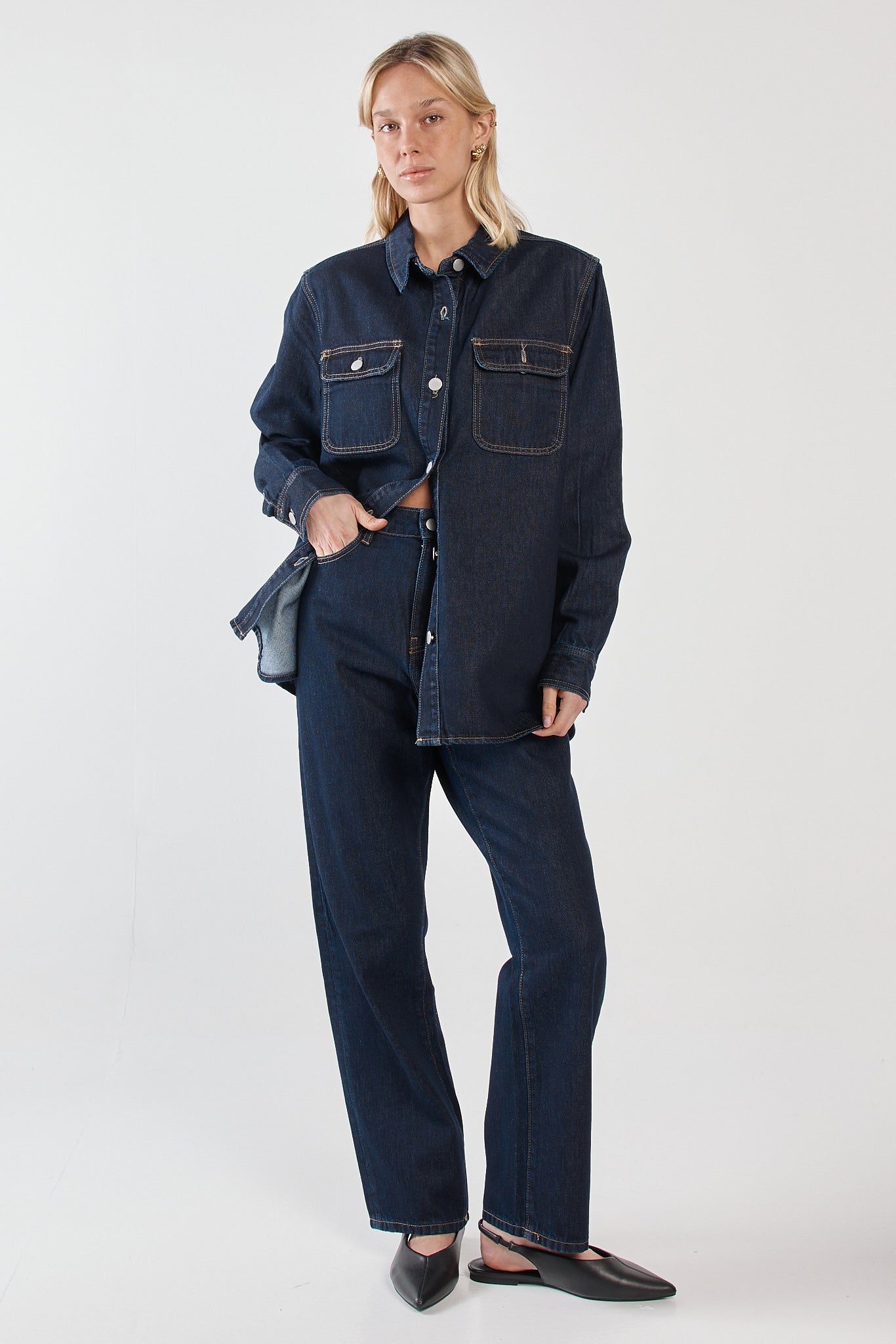 Image of a model wearing Pants. Product name - Kalani Straight Leg Jean Rinse Wash in Rinse Wash colour by brand - Sass Clothing