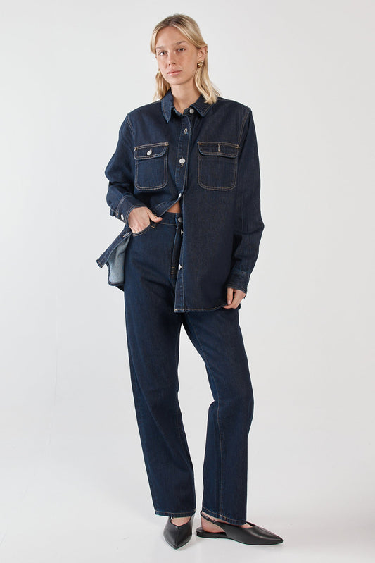 Image of a model wearing Pants. Product name - Kalani Straight Leg Jean Rinse Wash in Rinse Wash colour by brand - Sass Clothing